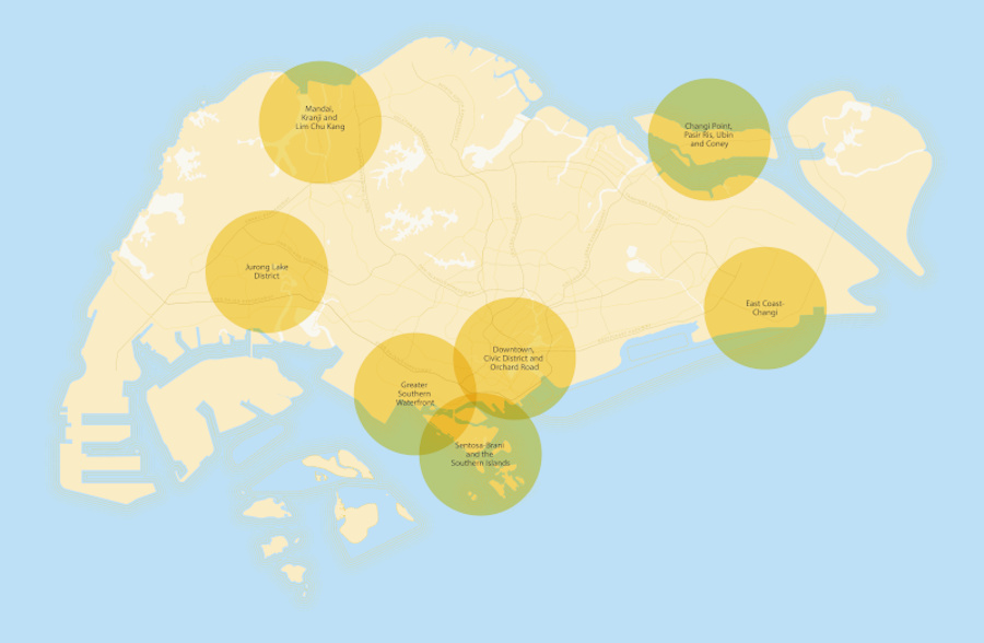 Map of Singapore with key districts highlighted in circles.