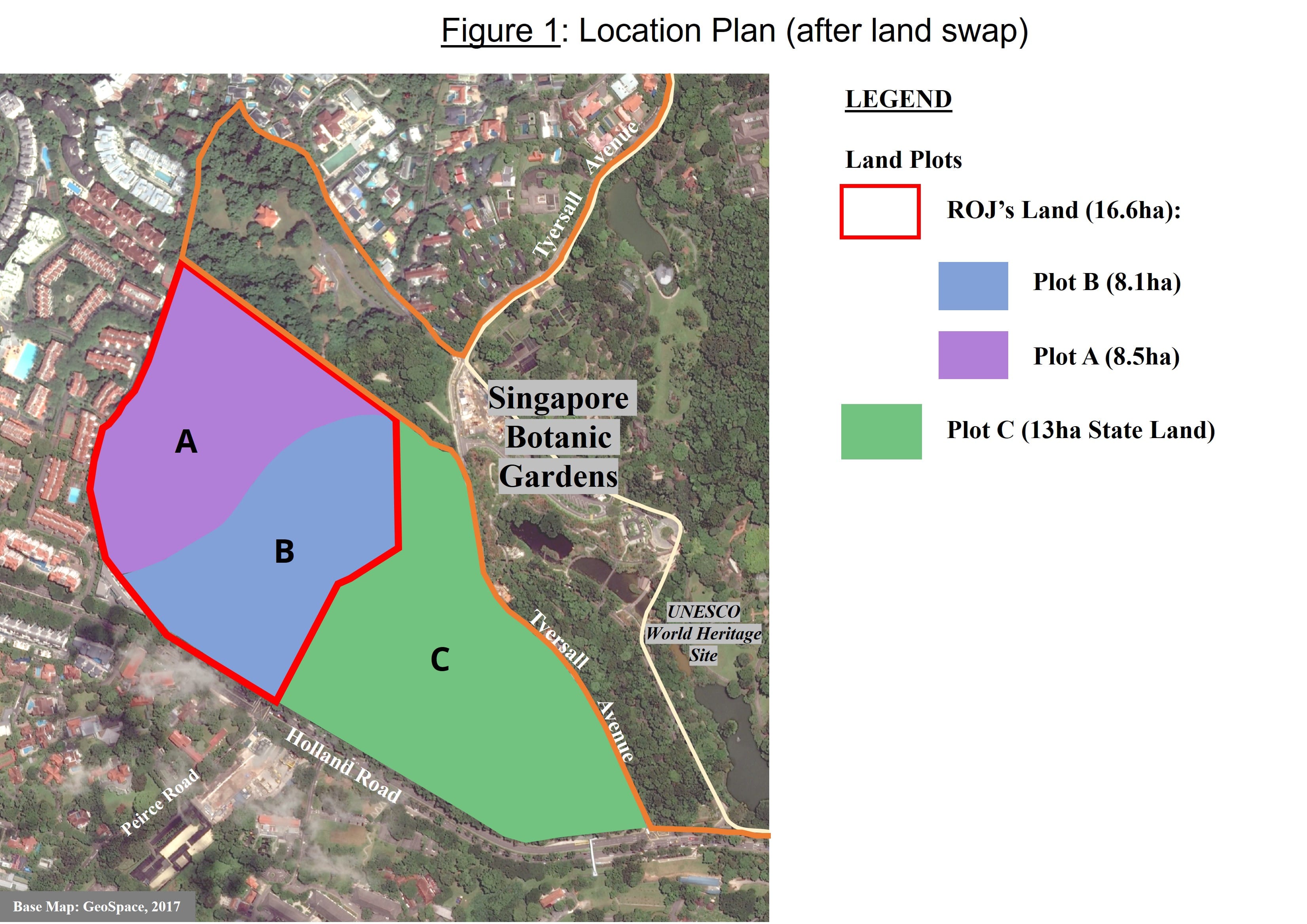 Aerial map showing proposed rezoning of land parcels at Holland Road, with Plots A and B to be rezoned to Residential and part of Plot C to be rezoned to Open Space, adjacent to Singapore Botanic Gardens UNESCO World Heritage Site.