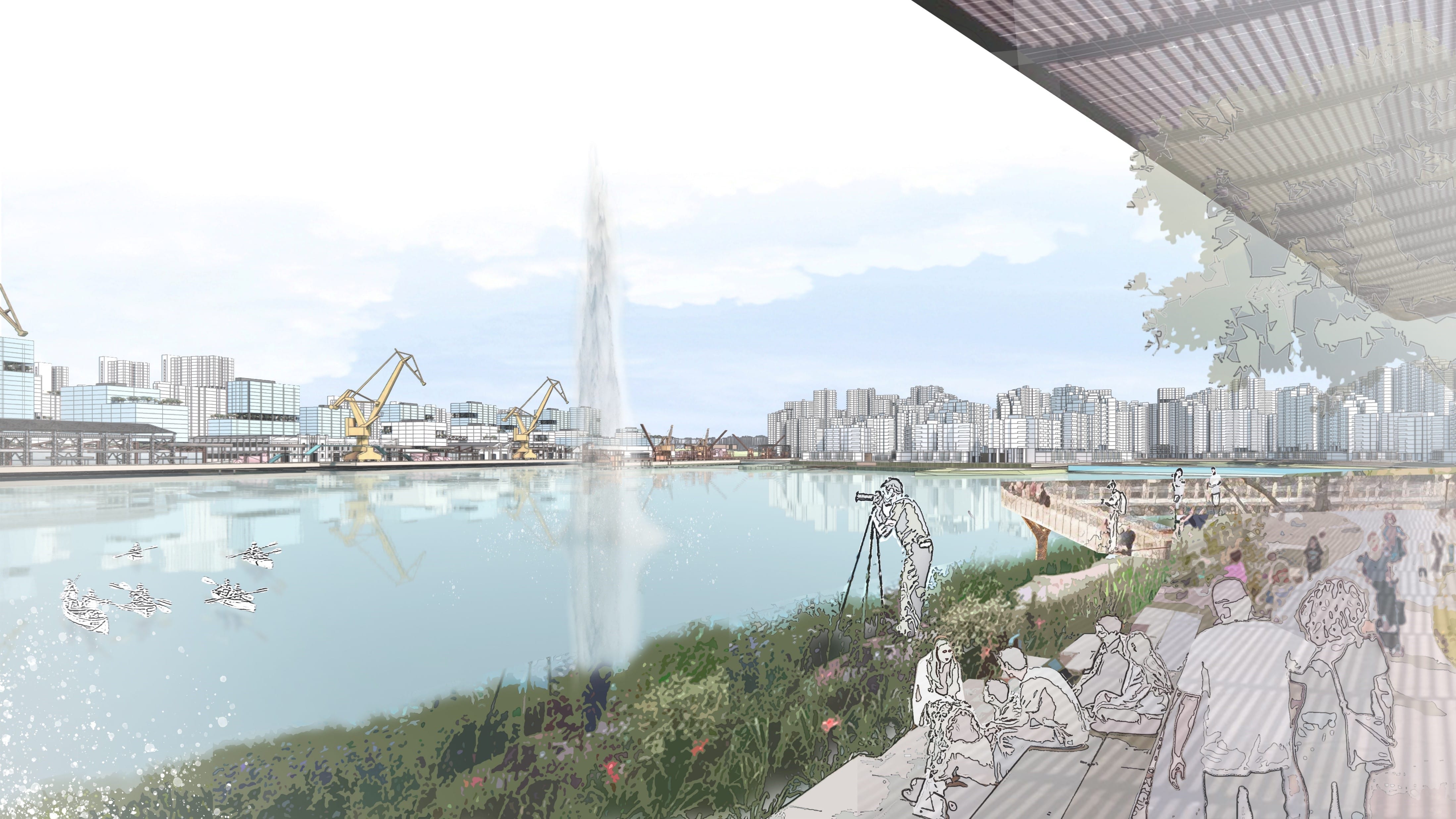 Conceptual sketch of waterfront boardwalk with activities