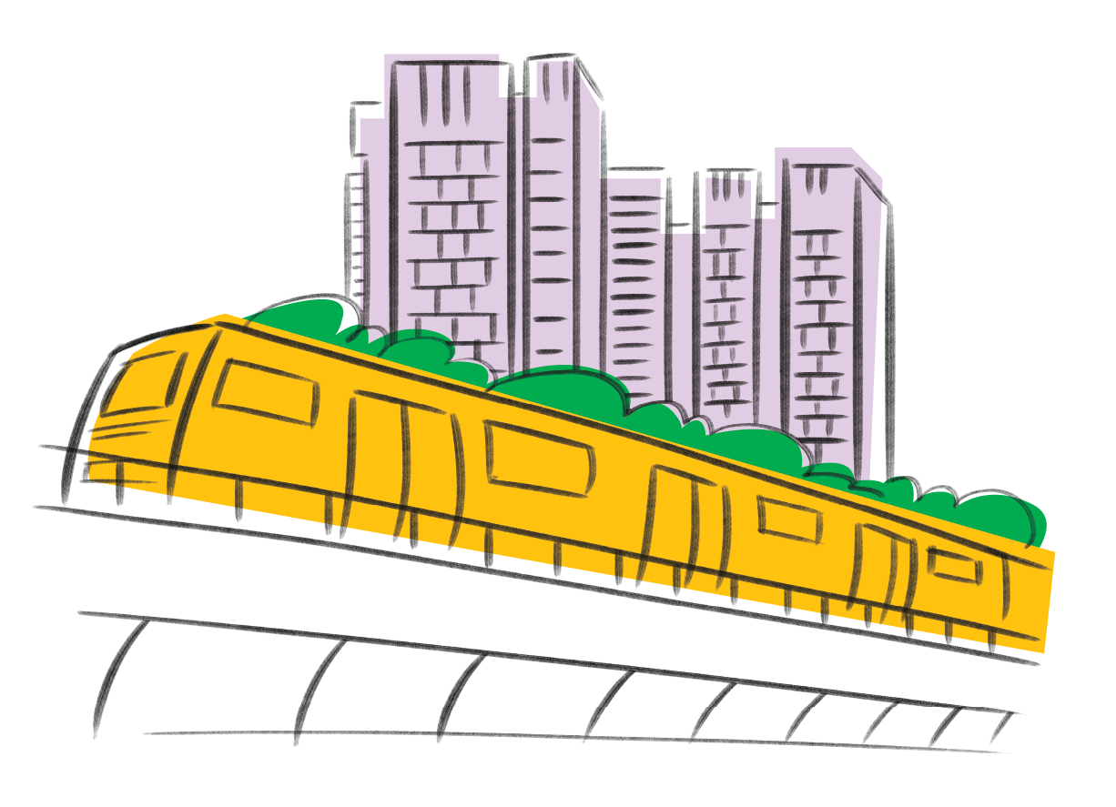 A stylized illustration of a yellow train on tracks, with buildings in the background and greenery on top.