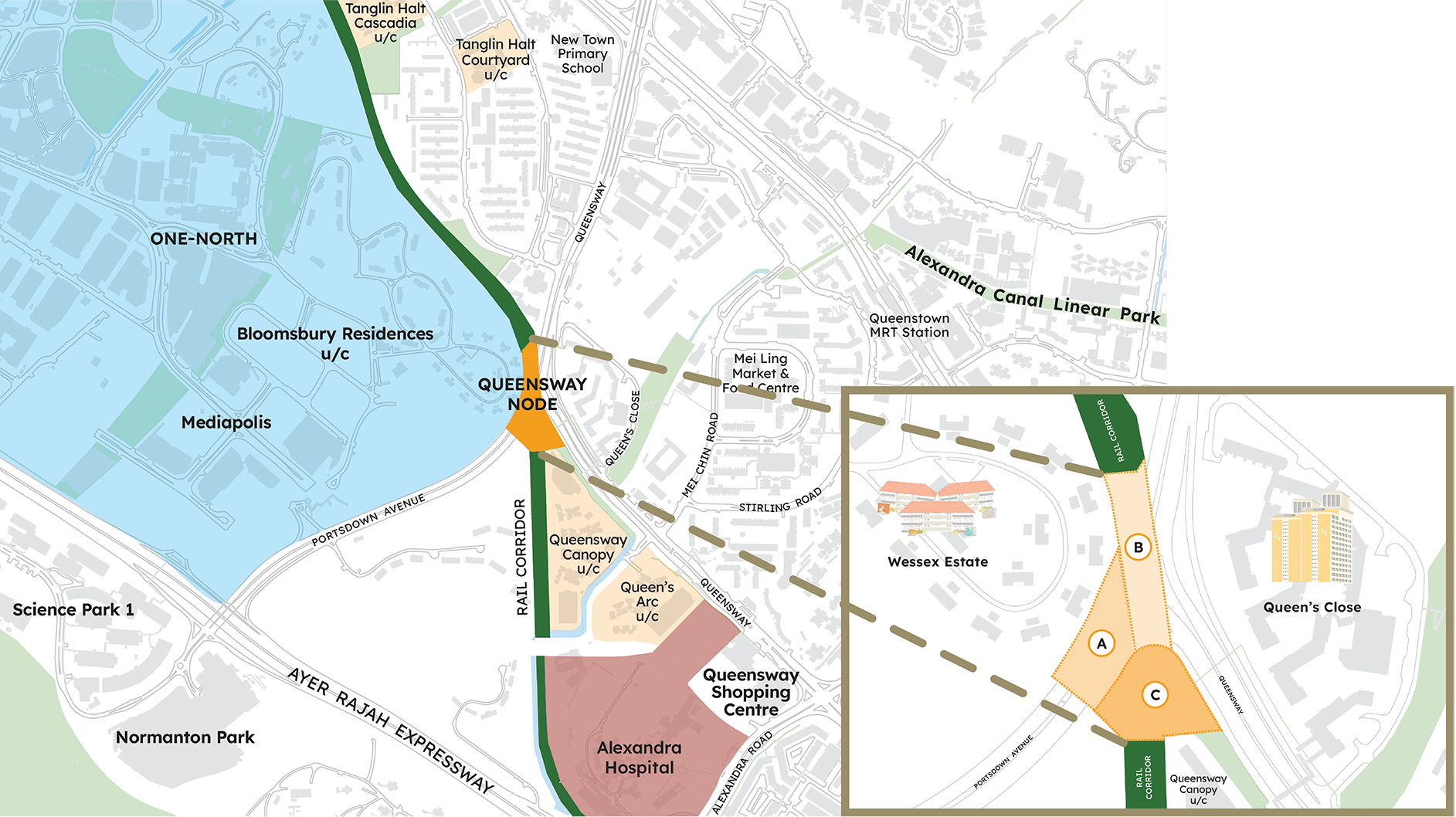 Map of One-North, Singapore, showing locations like Alexandra Hospital, Queensway Shopping Centre, and Queenstown MRT Station.