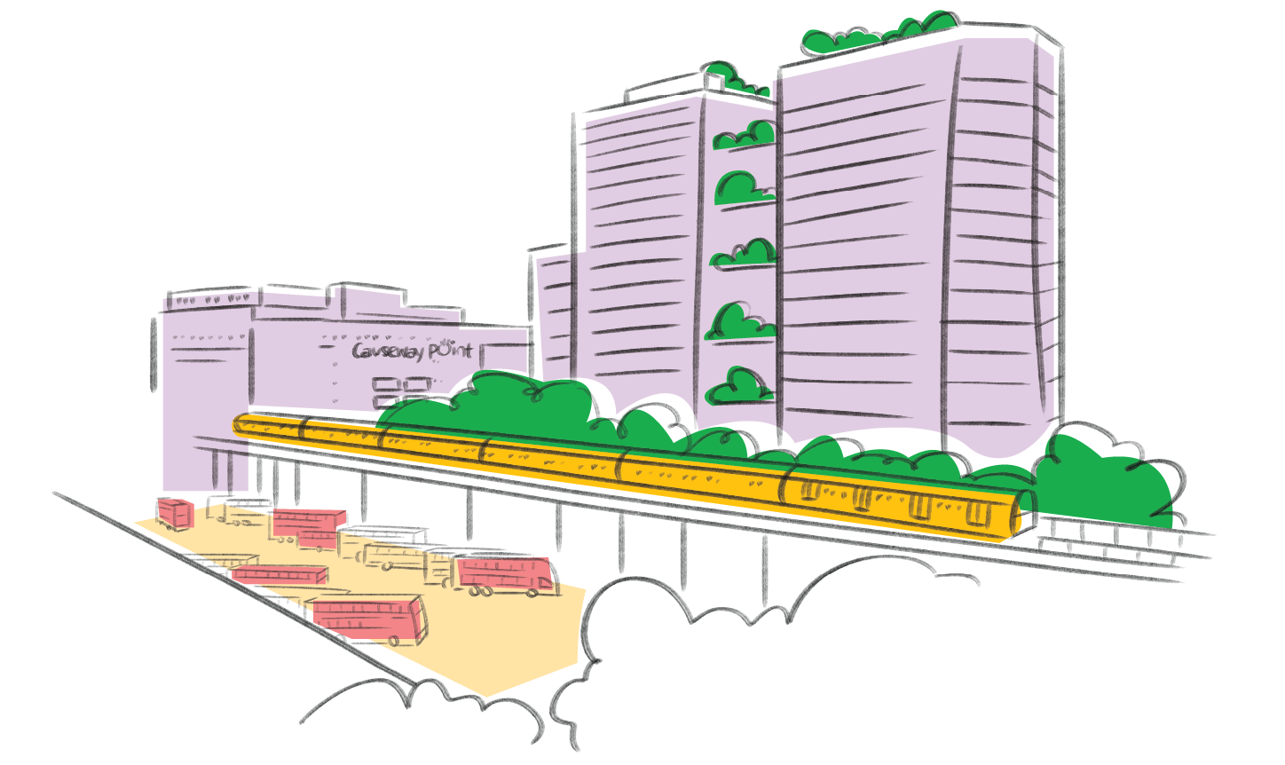 Cartoon illustration of tall buildings, trees, a train on an elevated track, and parked buses.