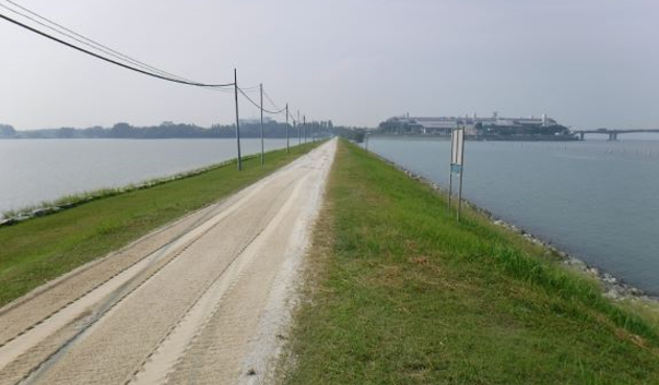 Gravel path between two bodies of water with green grass growing on the sides. Power lines run along the path.