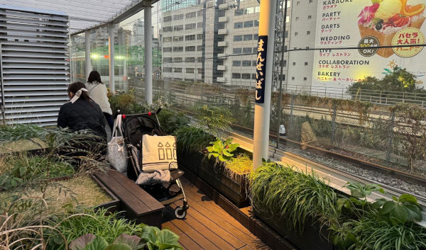 Rooftop garden with people, plants, a stroller, and a view of buildings and train tracks in the background.