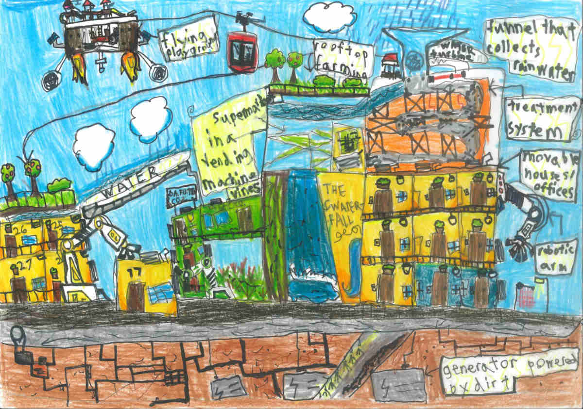 Child's crayon drawing of a futuristic city with rooftop gardens, flying playground, a waterfall, vending machines, and a generator powered by dirt.