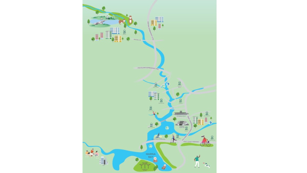 Illustrated map of Singapore's Marina Bay area showing landmarks, waterways, and recreational activities.