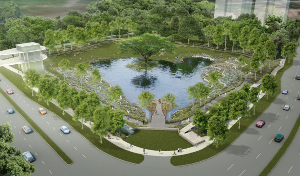 An aerial view showcases a park with a central pond and tree, surrounded by walkways and a lush green landscape.