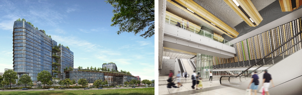 Architecture rendering: Facade of a mixed-use building with green roof and interior of a transit station with escalators.