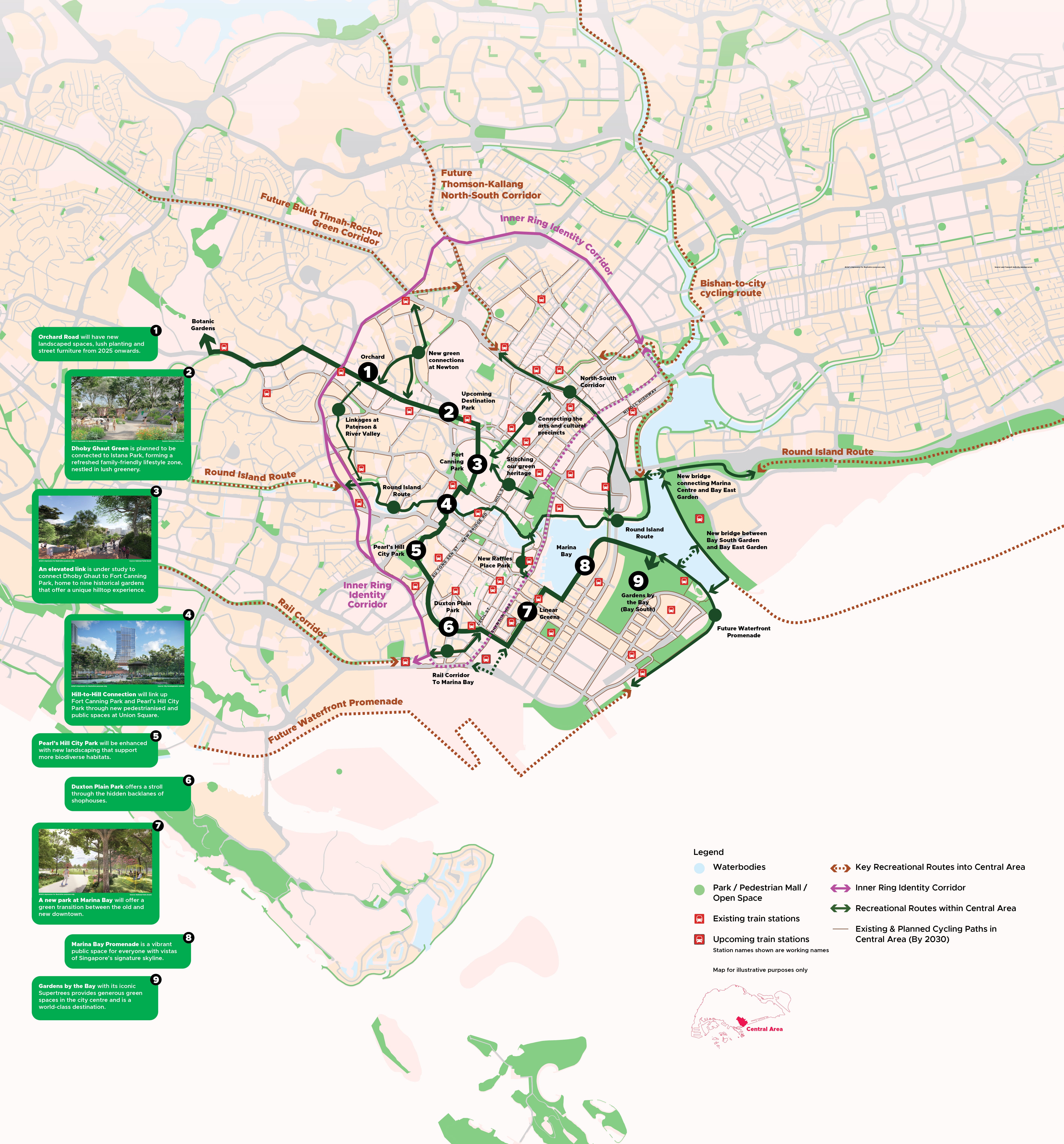 Map of Singapore's Central Area showing key recreational routes, green spaces, and future development plans, including cycling paths.