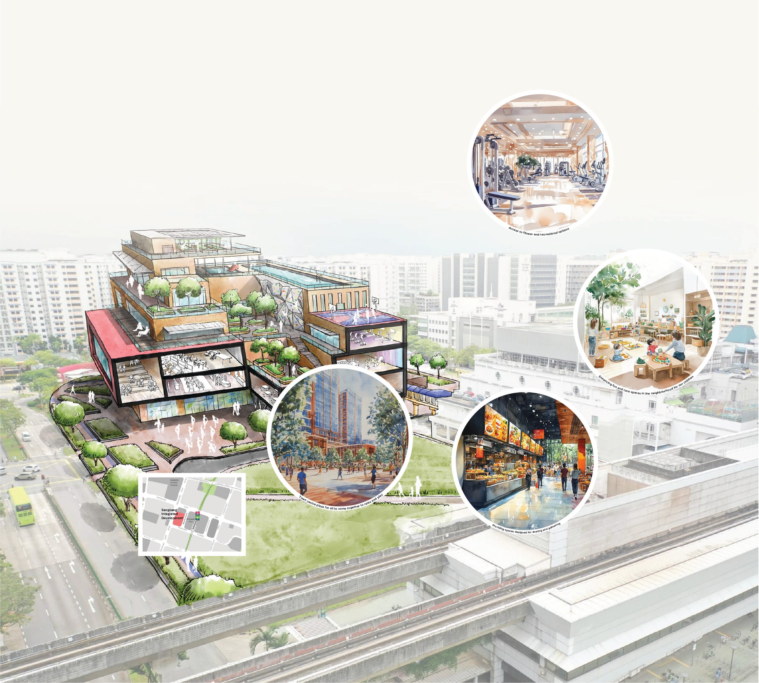 Watercolor rendering of a multi-level building showing a cross-section of a modern community center, with retail, recreation, and childcare spaces.