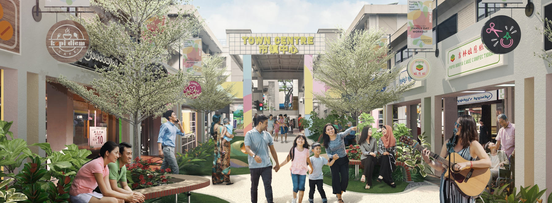 A vibrant town center with people socializing. Shops with food and craft signage line the space under a "Town Centre" sign.