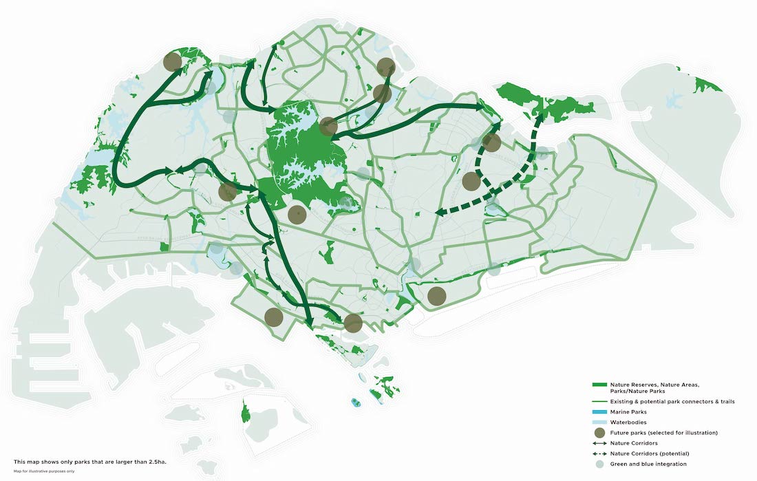 Map of Singapore showing nature reserves, parks, trails, future parks, and potential nature corridors.