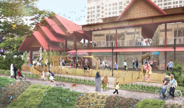 Architectural rendering of a vibrant public space with shops, green areas, and people walking, biking, and playing.