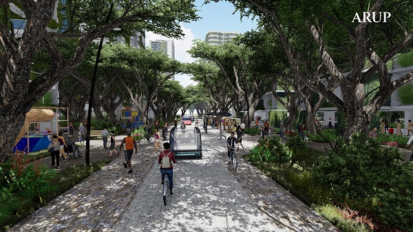 Arup's rendering of a pedestrian walkway lined with trees, shops, and people walking and biking.