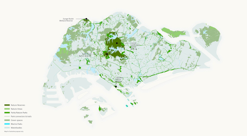 Map of Singapore highlighting nature reserves, parks, green spaces, and water bodies with a legend.