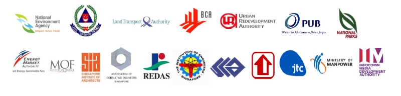 Logos of Singaporean government agencies and organizations, arranged in two rows.