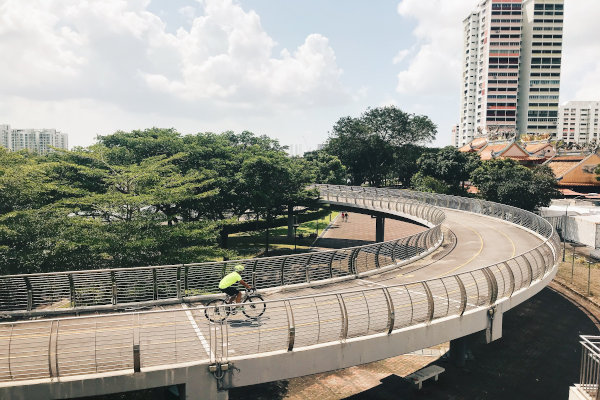 A cyclist rides on an elevated, curved pedestrian bridge with trees and buildings in the background.