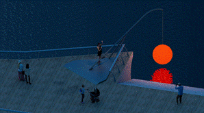 Pixel art scene of people fishing with a giant red sun at dusk
