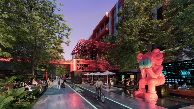 Street Lab rendering with art sculpture, people, building, trees, cyclist, and screen.