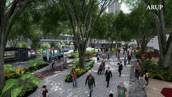 Arup's rendering of a bustling, tree-lined pedestrian walkway with people, cyclists, and futuristic public transportation.