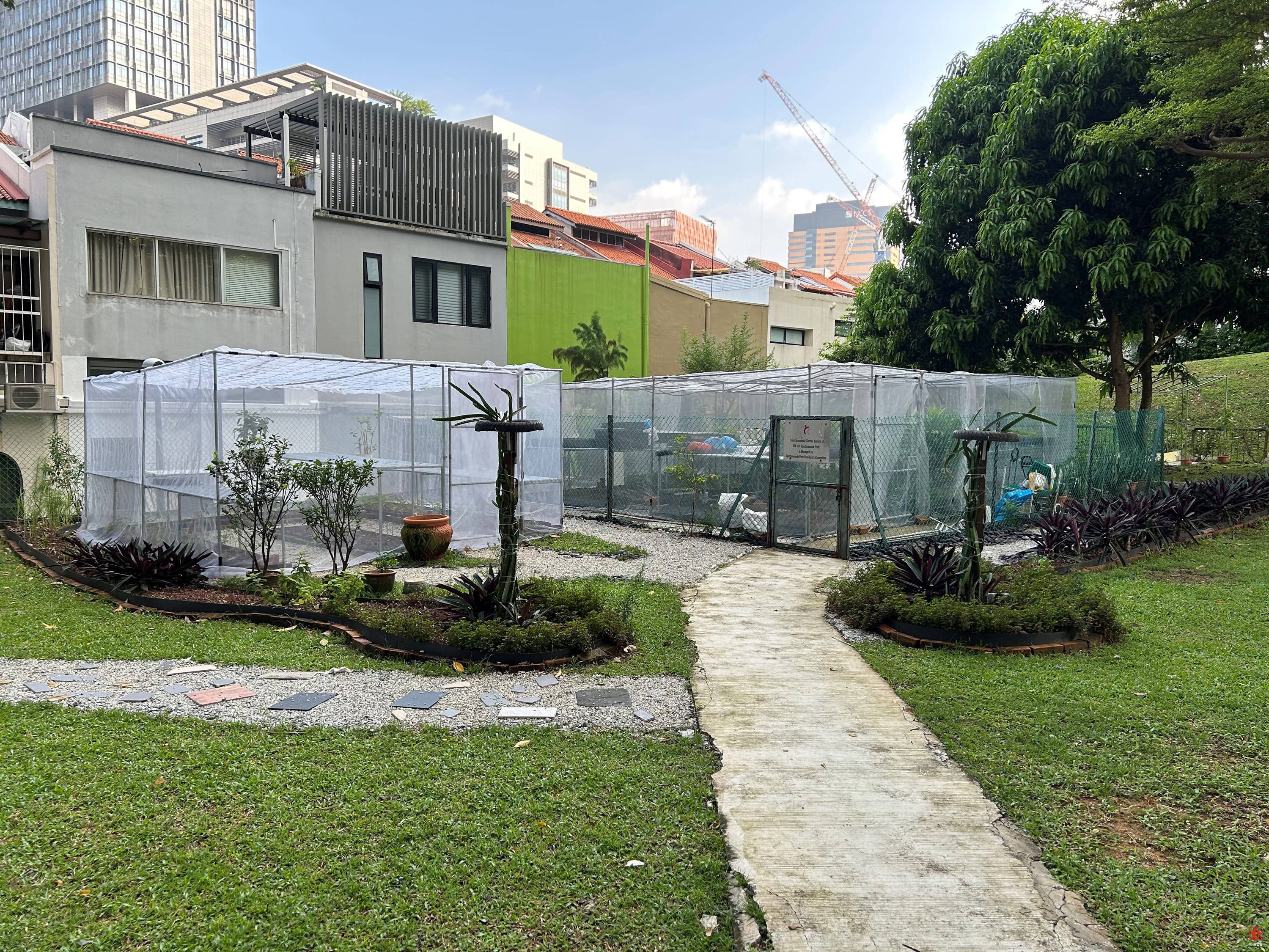 Outdoor urban farm in a park behind low-rise housing