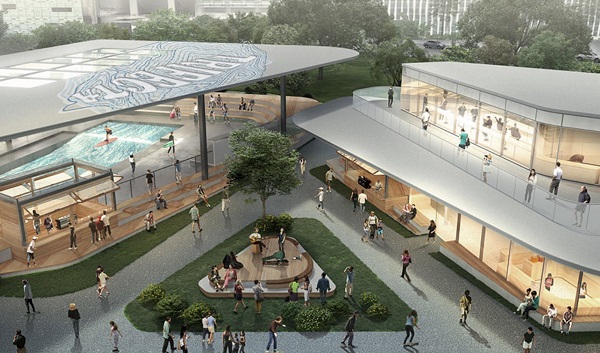 Architectural rendering of an outdoor recreational area with a wave pool, building, and people.