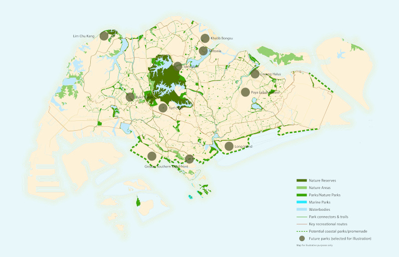 Map of Singapore highlighting nature reserves, parks, waterways, and recreational routes.