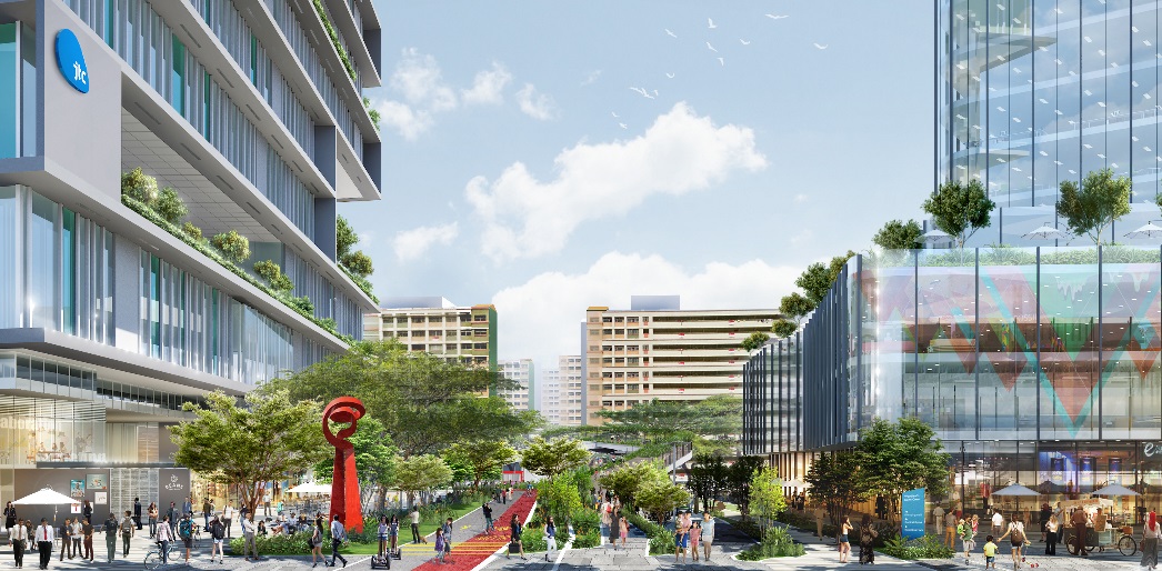 Architectural rendering of a mixed-use space with modern buildings, green spaces, pedestrian walkways, and people.