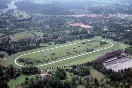 Aerial view of an oval horse racing track surrounded by greenery
