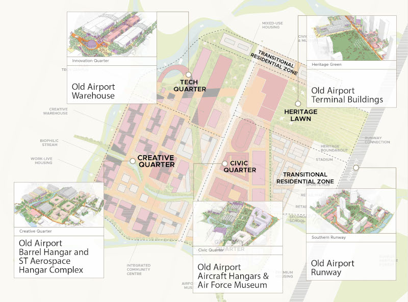 Plan of a mixed-use development with labels for different quarters and architectural renderings.