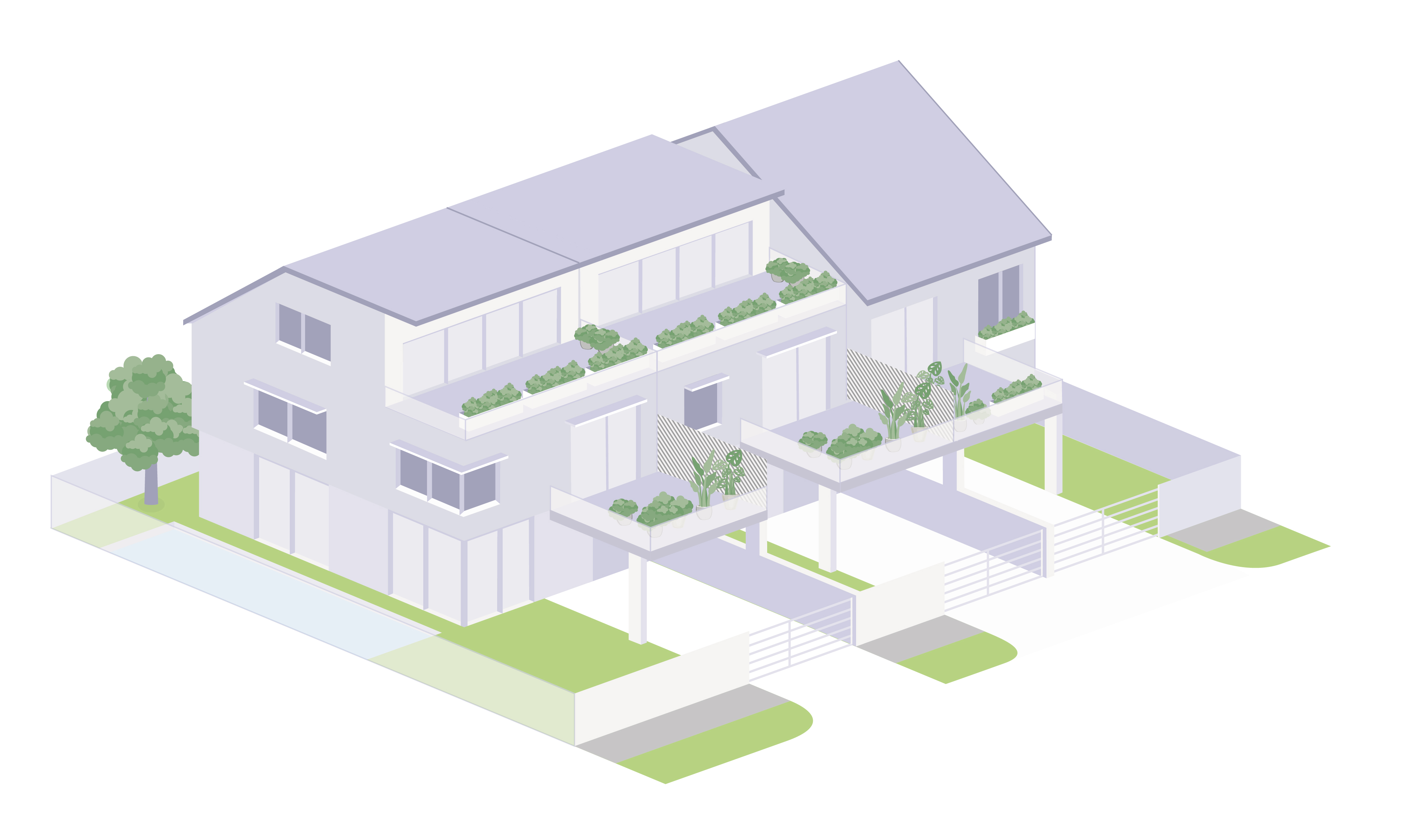 Isometric illustration of three modern townhouses with rooftop gardens and attached garages.