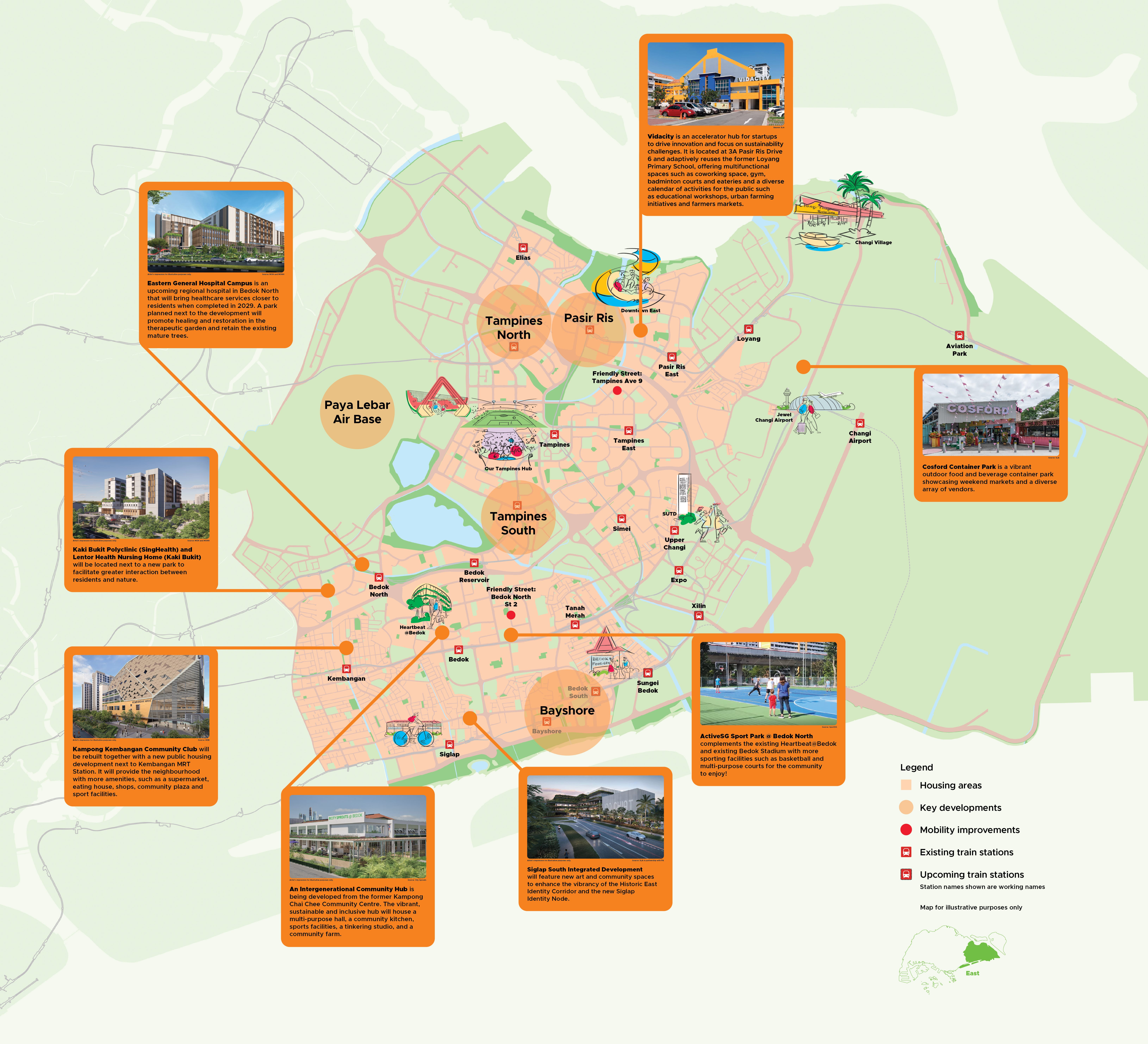 Map of Eastern Singapore highlighting new developments, housing, mobility improvements, and train stations.