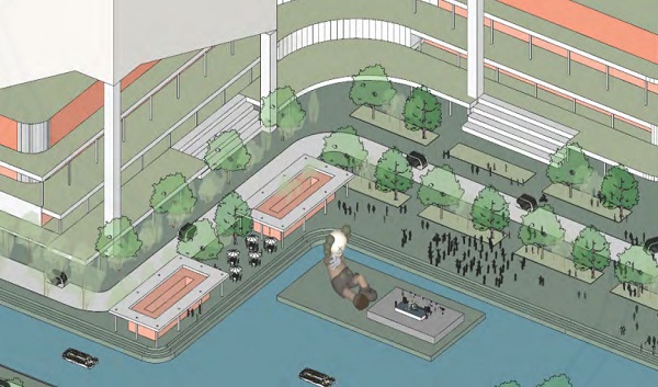 Architectural rendering of an outdoor event with a performer. Trees line a waterfront area with crowds and a stage.