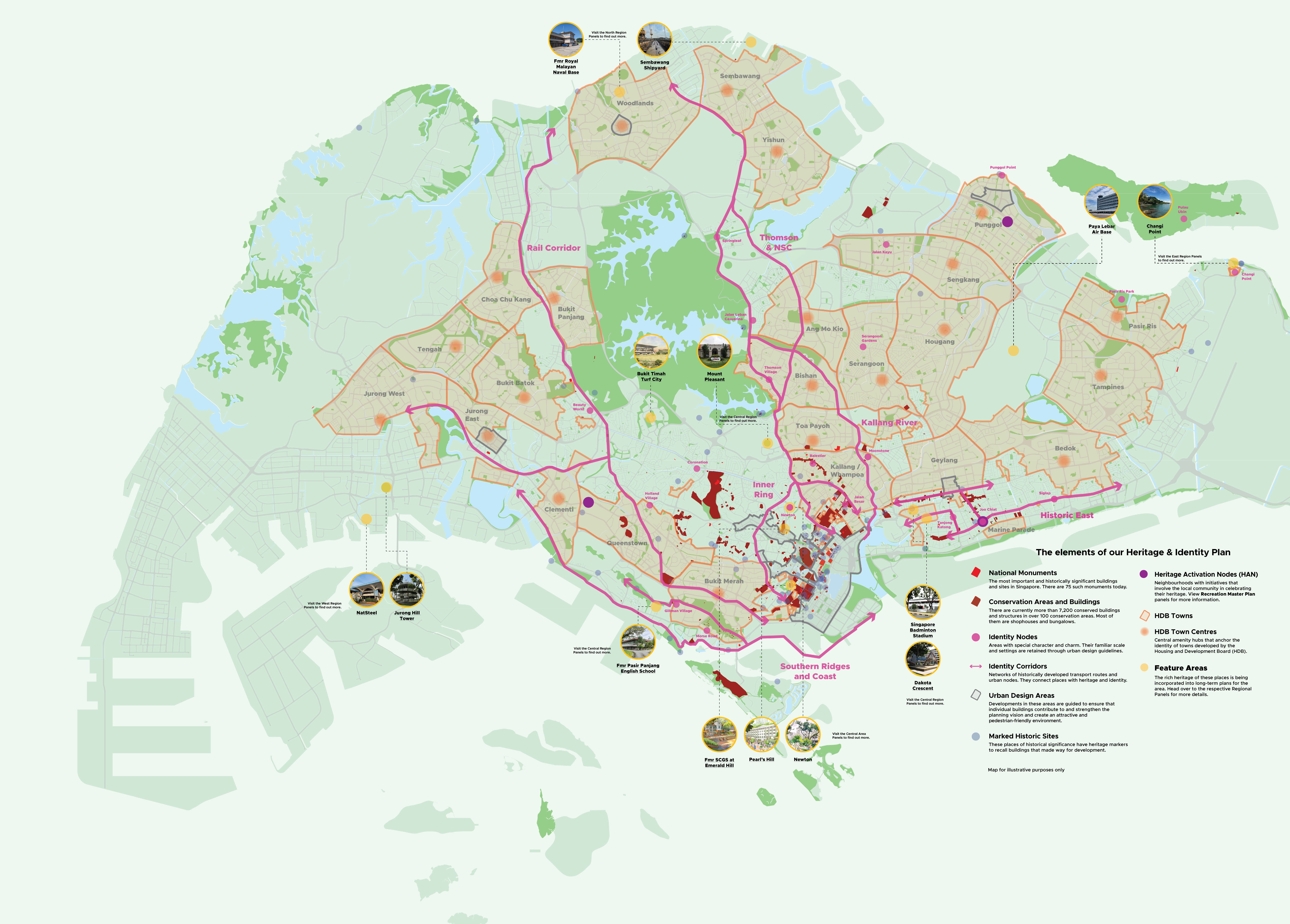 Map of Singapore's Heritage & Identity Plan, showing national monuments, conservation areas, and heritage activation nodes.