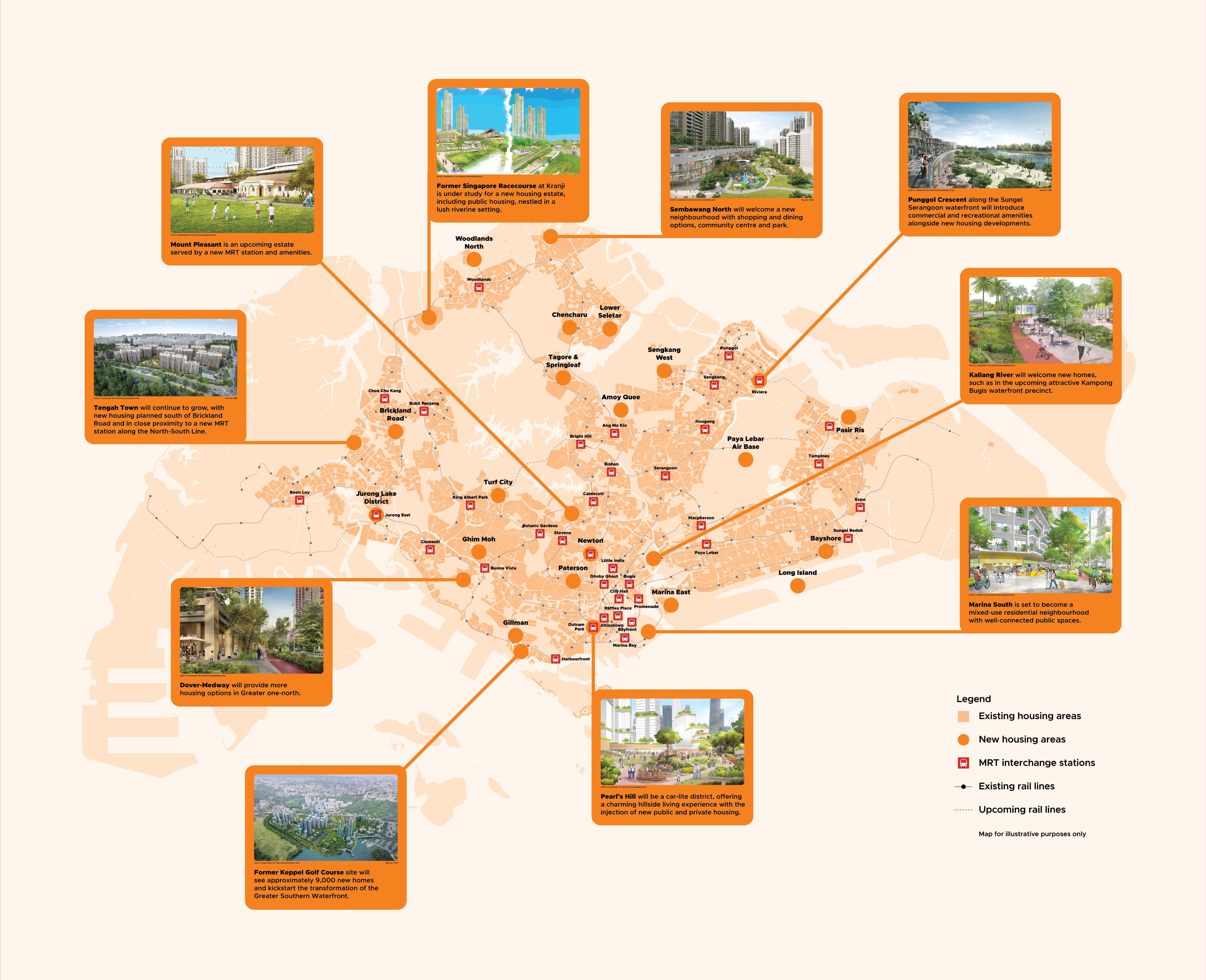 Map of Singapore highlighting existing and planned housing areas, MRT lines, and upcoming developments.