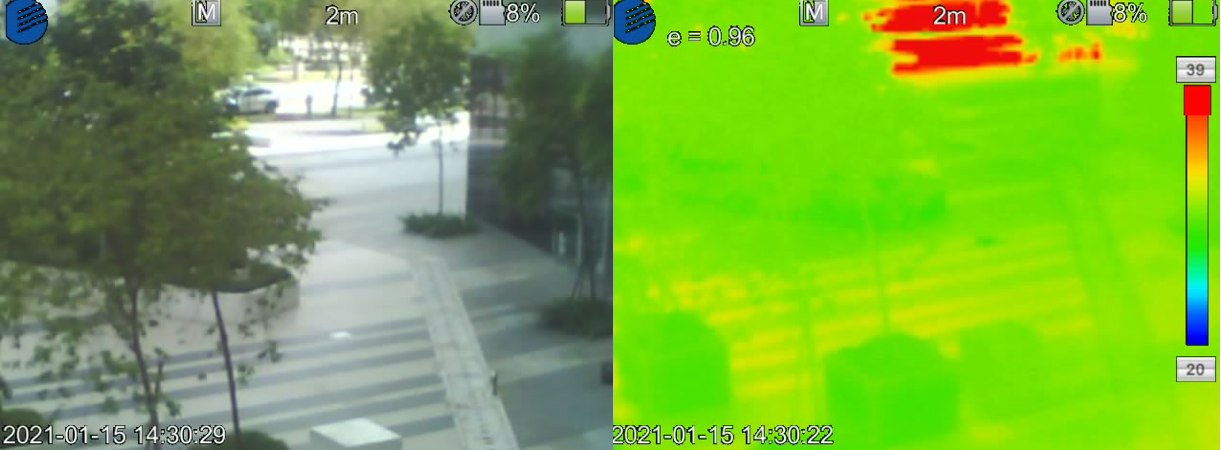 Split screen: Left shows regular view of street, right shows thermal image of same scene with temp scale.