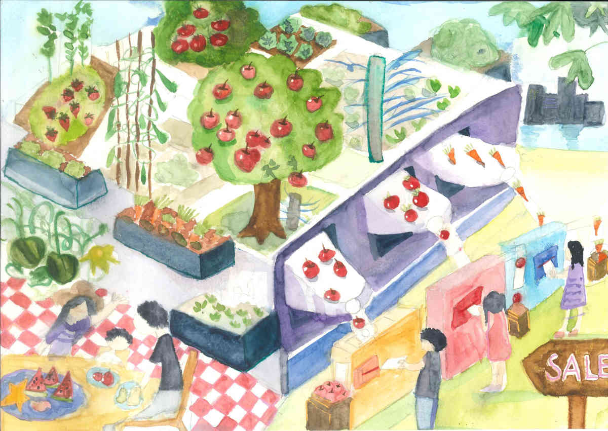 Watercolor painting of an overhead view of a farm stand with people, crops, picnic area, and cityscape.