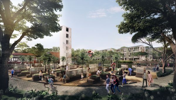 Architectural rendering of a community garden. People are walking and relaxing in a green space with a tower in the background.