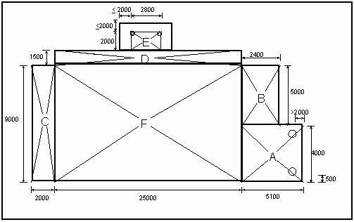 Calculation plan showing labelled building sections and dimensions.