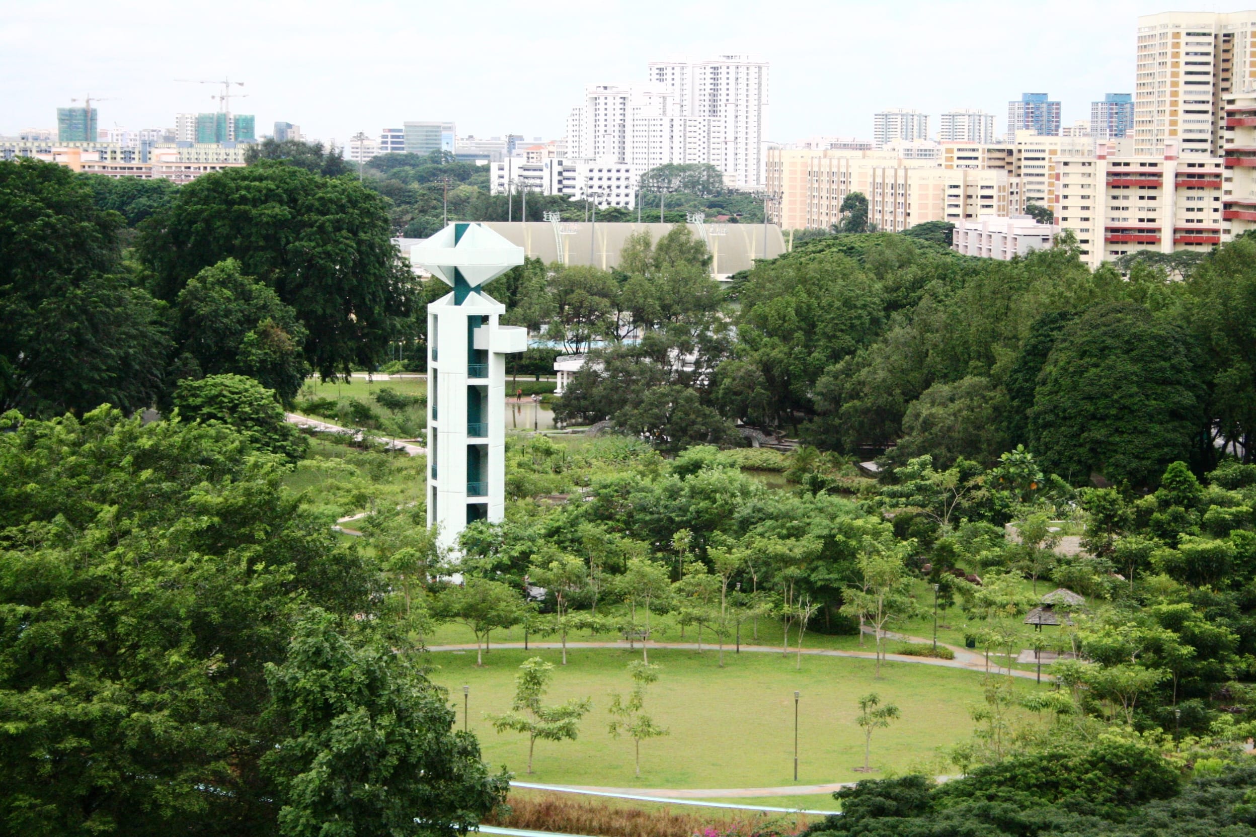 Aerial view of Toa Payoh Town Park with its iconic viewing tower and surrounding greenery