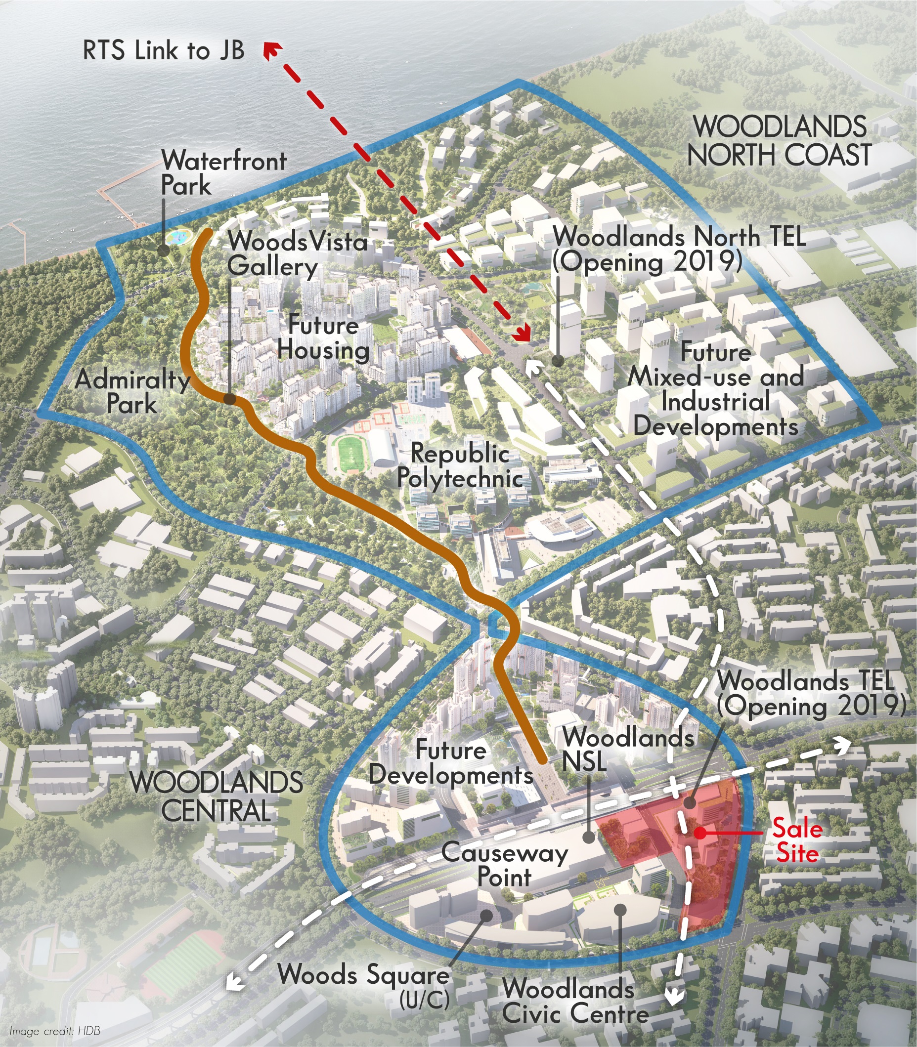 Aerial view map of Woodlands, Singapore, highlighting future developments and transport links.