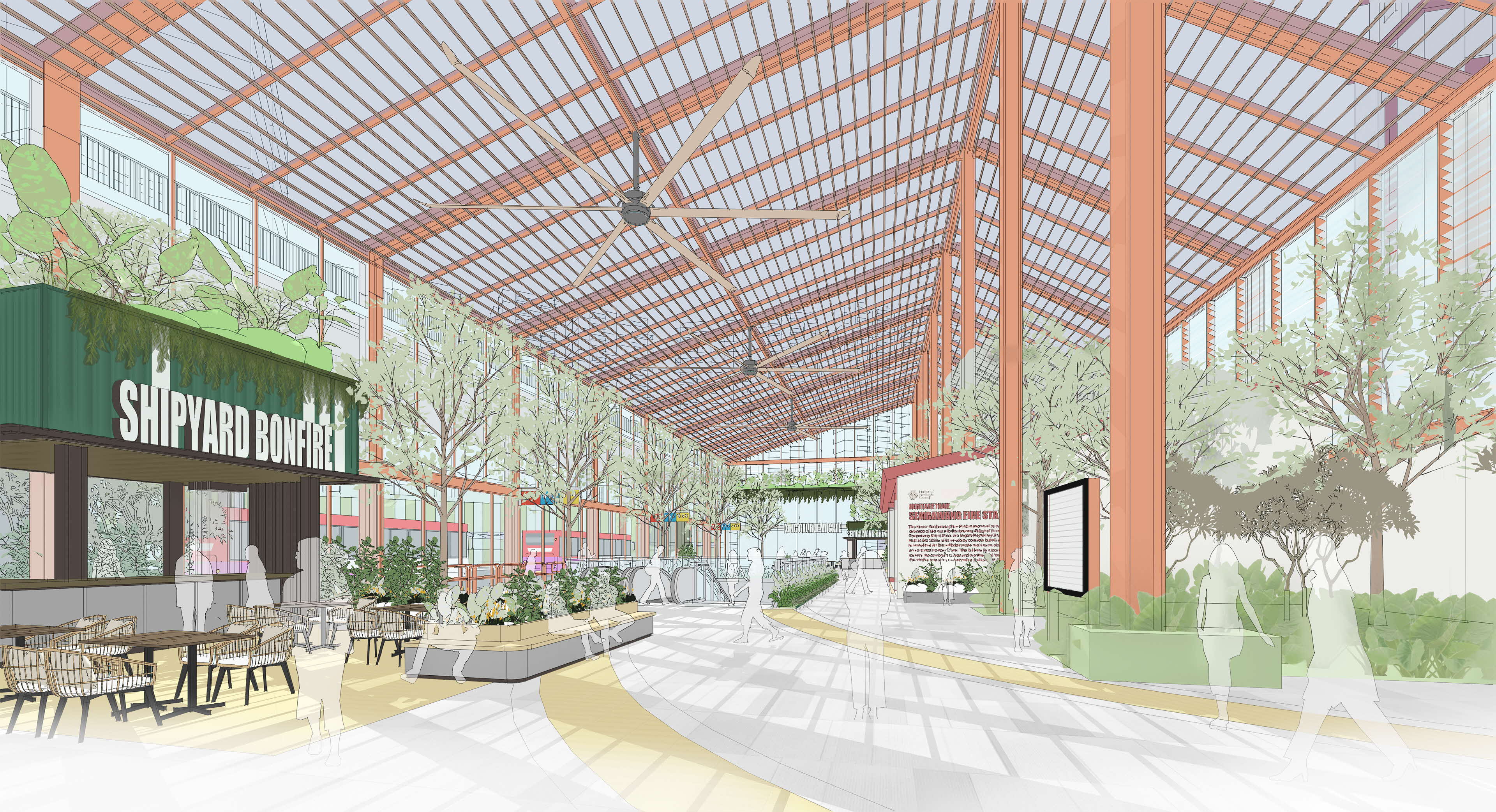 Architectural rendering of a bright, plant-filled atrium with a glass roof and orange support beams. "Shipyard Bonfire" sign visible.