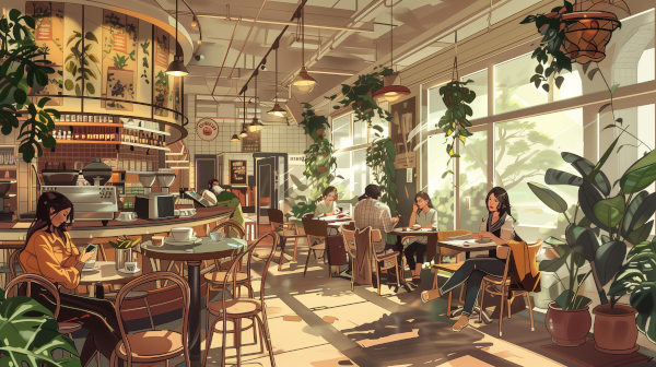 Cozy cafe scene with people at tables, indoor plants, and warm lighting.