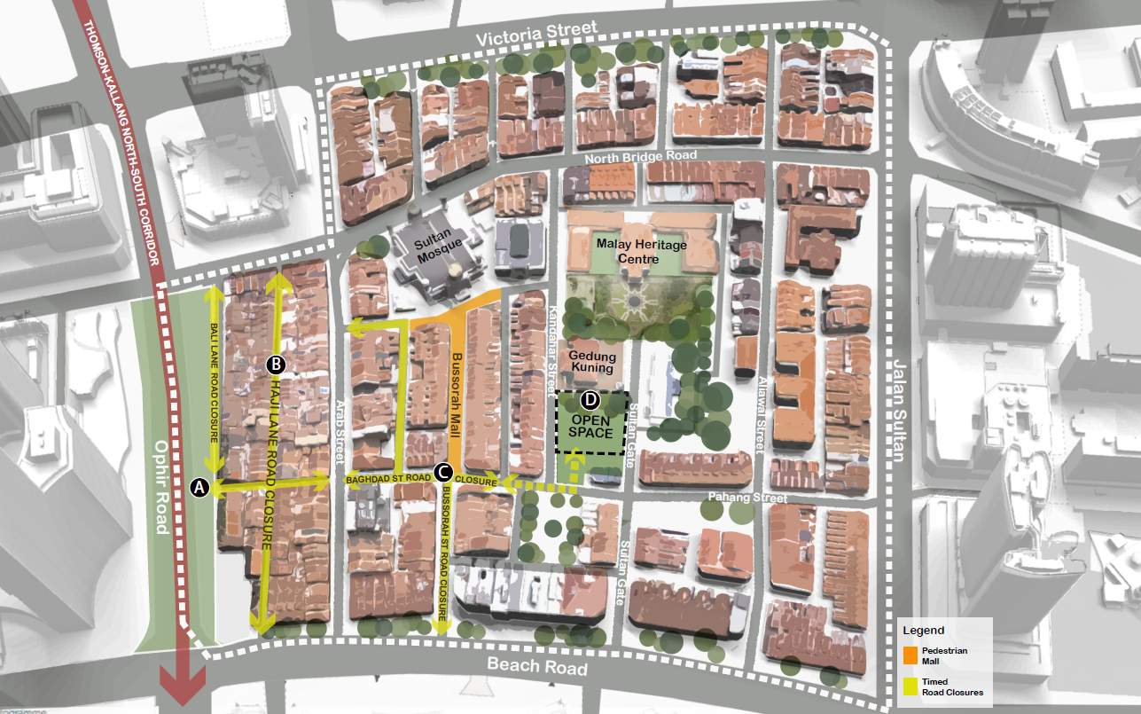 Map of an area with road closures near Sultan Mosque and Malay Heritage Centre. Pedestrian mall marked in orange, closures in yellow.