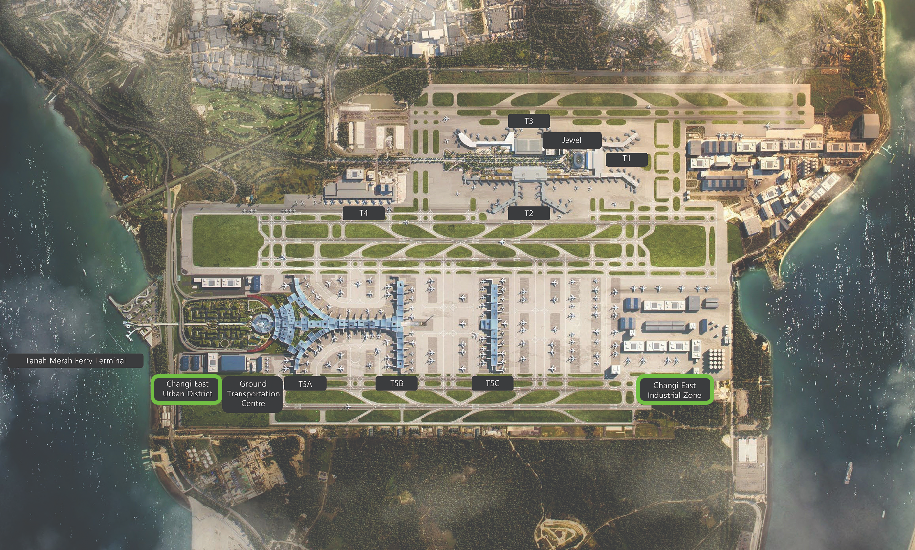 Aerial view of Changi Airport in Singapore, showing terminals, runways, and surrounding areas like Tanah Merah Ferry Terminal.
