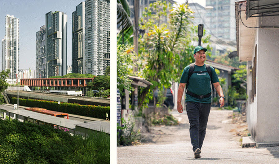Side-by-side images of a green urban highway with high-rise towers, and a person walking through a narrow tree-lined alley with a camera mounted on their back.