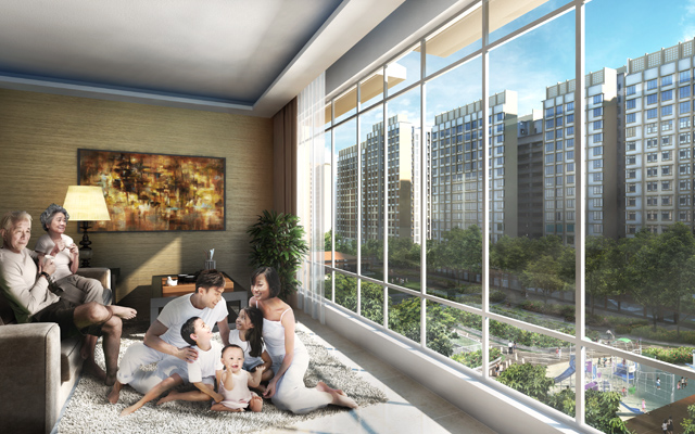 A multigenerational family relaxes in a modern apartment with a city view.