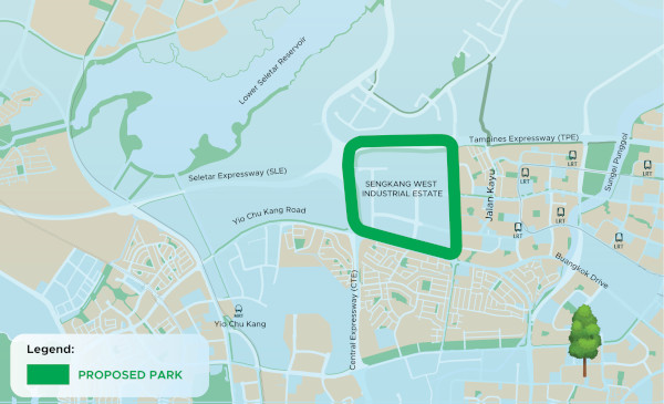 Map showing Sengkang West Industrial Estate area with a proposed park highlighted in green. Key roads and reservoirs labeled.