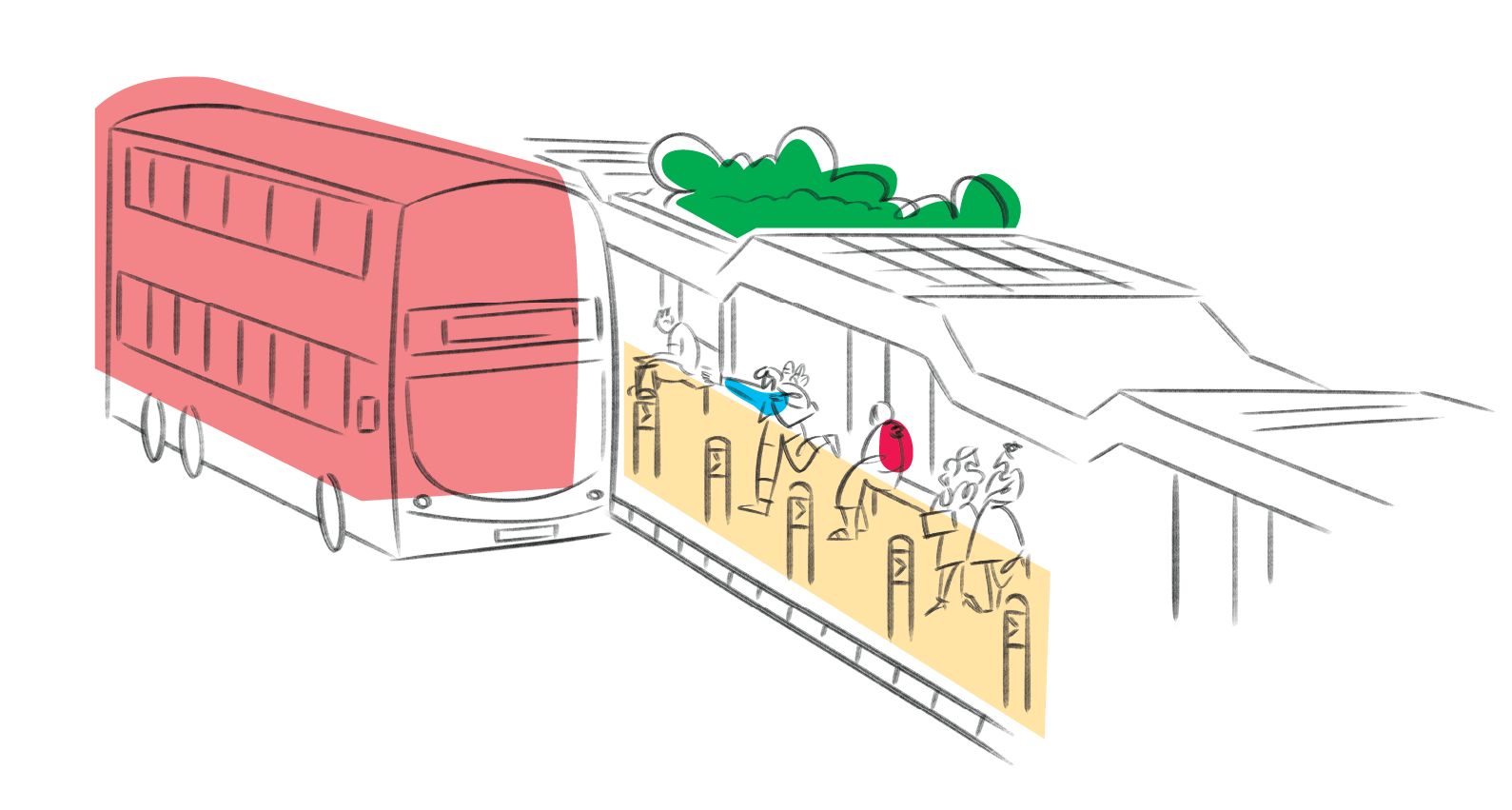 Illustration of a double-decker bus at a station with people waiting on the platform.