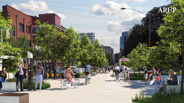 Rendering of a pedestrian-friendly city street with trees, people, cyclists, and a cafe, with the ARUP logo in the upper right corner.